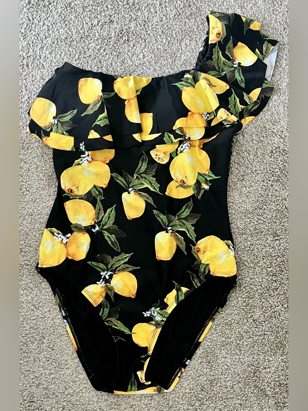 One-Shoulder Lemon Print Swim One-Piece in Black and Yellow - Picture 2 of 8
